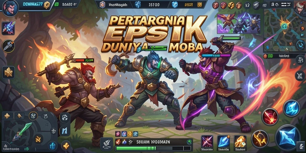 Gameplay seru DEWANAGA77 dengan pertarungan strategis MOBA.