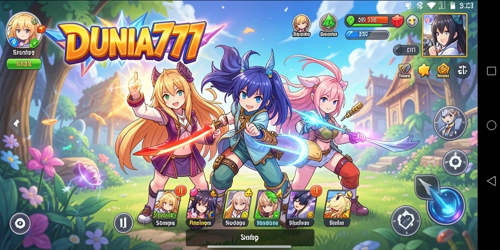 Tangkapan layar gameplay DUNIA777 menampilkan aksi karakter anime yang menarik.