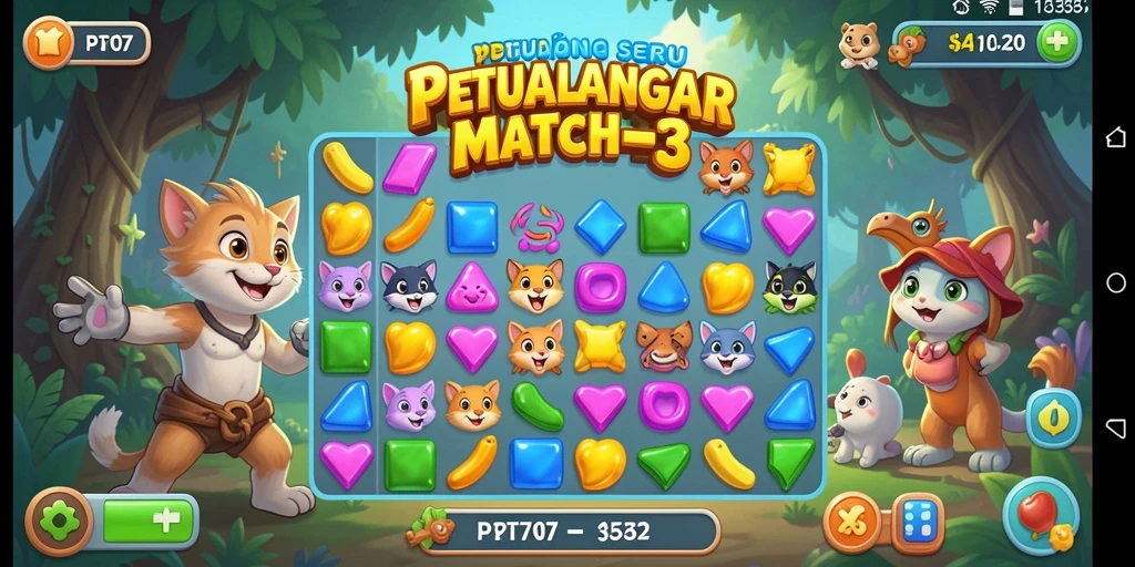 Gameplay seru PT707 dengan elemen match-3 yang berwarna-warni.