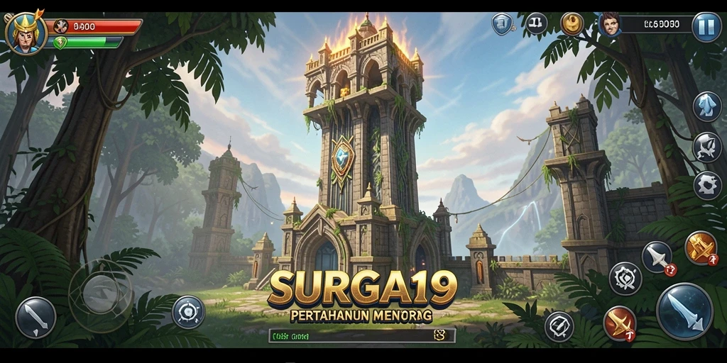 Tampilan gameplay SURGA19 dengan aksi pertahanan menara yang menegangkan.