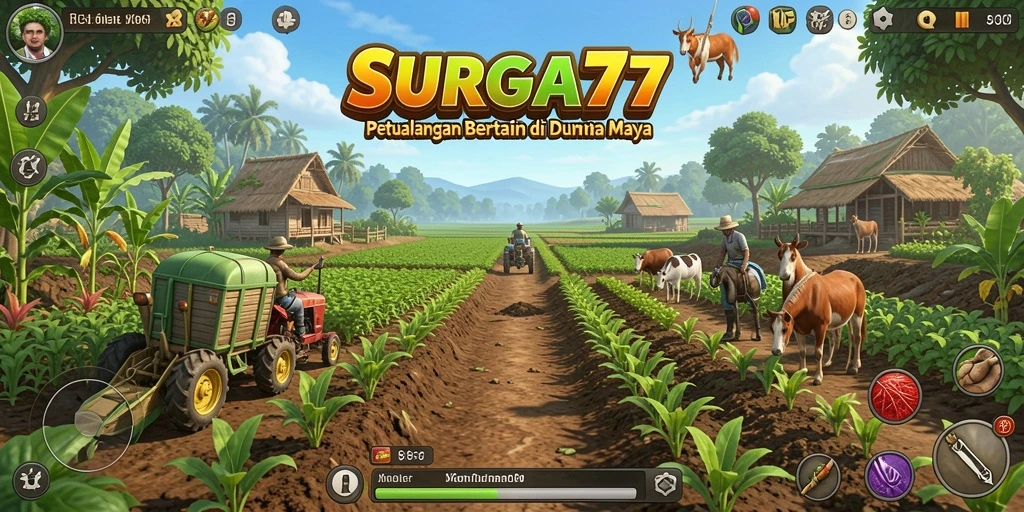 Tampilan gameplay SURGA77 dengan berbagai tanaman dan hewan ternak.